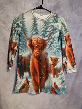 Highland Cow Winter Scene Graphic Long Sleeve Dress 7-8Y Snow Forest Cardinal